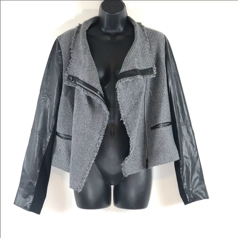 Vince L Jacket Wool Leather Moto Gray Black Tweed Boucle Lambskin